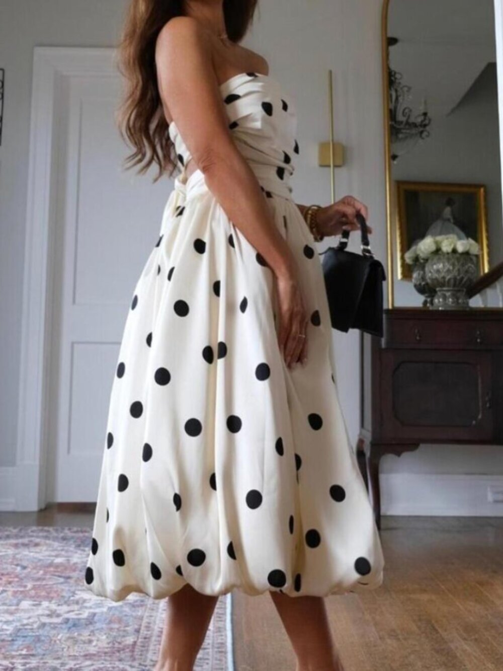 Retro Polka Dot Bubble Midi Dress Convertible Straps in Cream Black Size S